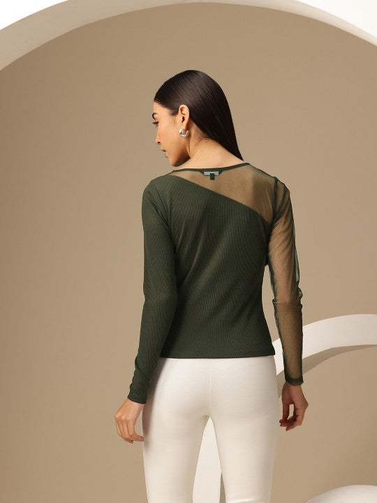 Contrast Net Sleeves Ribbed Top