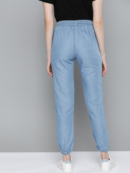 Women Blue Mid-Rise Washed Denim Joggers