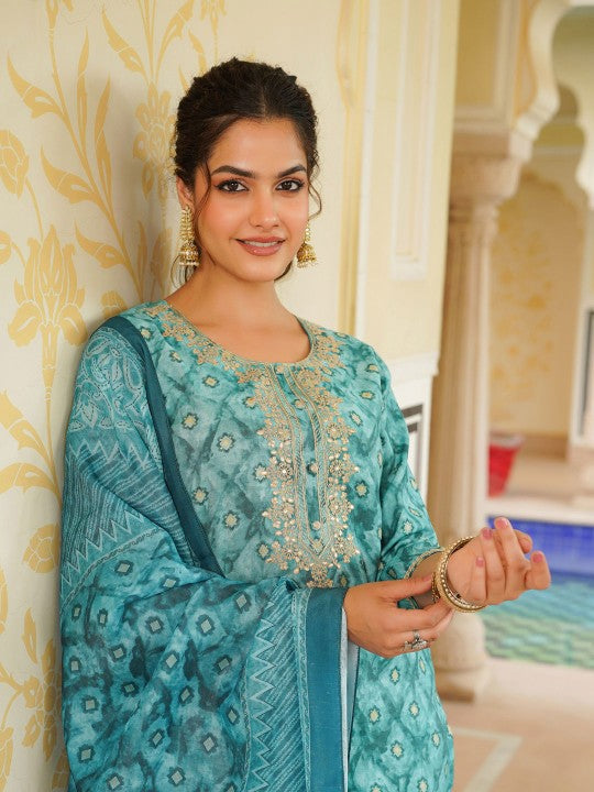 Bandhani Printed Kurta with Trousers & Dupatta