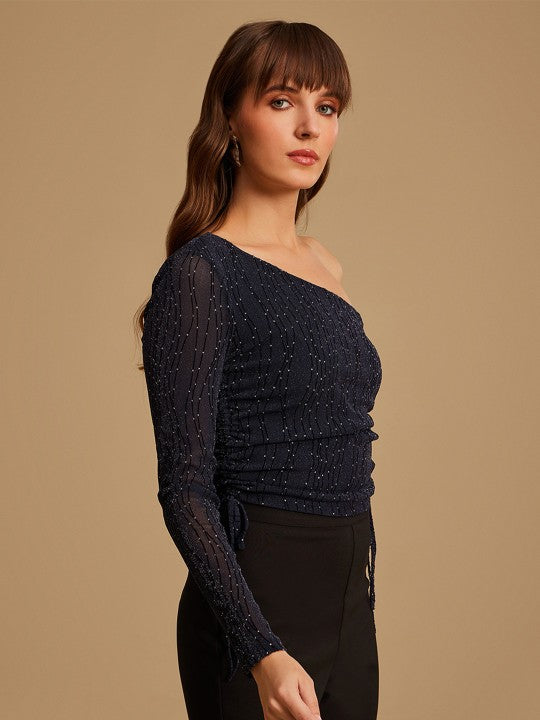 Women Navy Blue One Shoulder Top