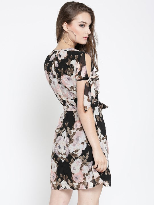Sera Black & Peach-Coloured Floral Printed Fit and Flare Dress