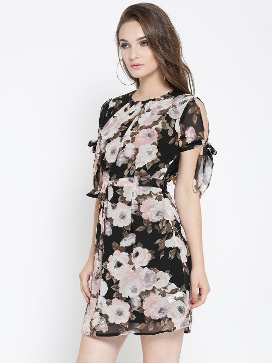Sera Black & Peach-Coloured Floral Printed Fit and Flare Dress