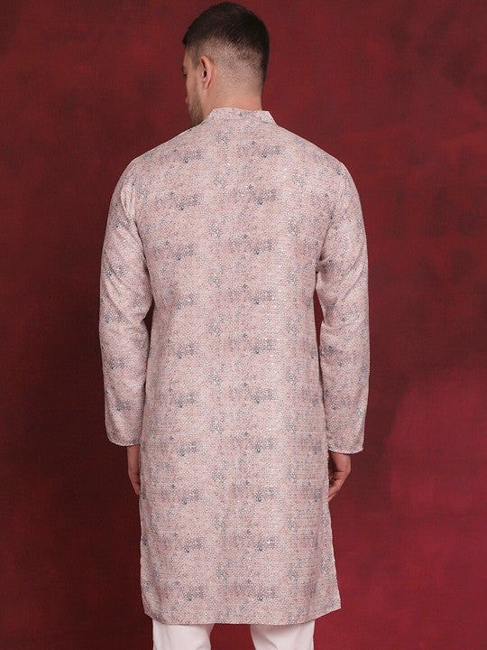 Peach Floral Woven Design Cotton Thread‑Work Straight Kurta