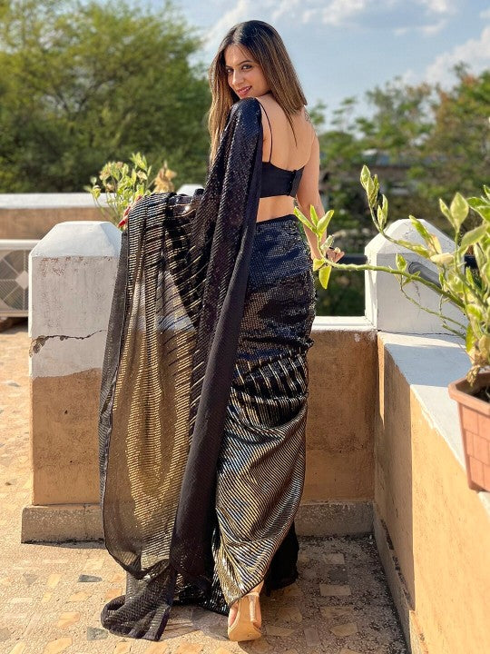 Black Embellished Sequinned Pure Georgette Saree