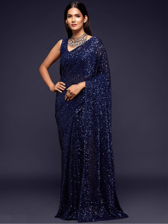 Blue Embellished Sequinned Pure Georgette Saree