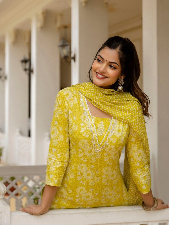 Floral Yoke Design Pure Cotton Straight Kurta with Patiala & Dupatta