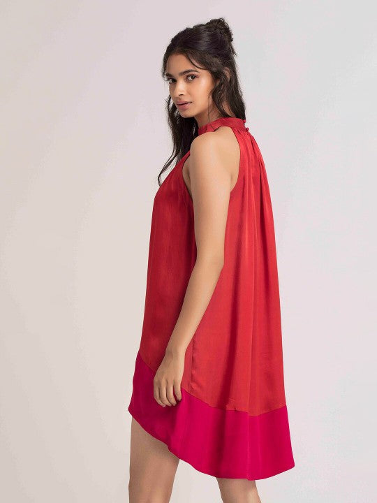 Halter Neck High-Low Hem Satin A-Line Dress