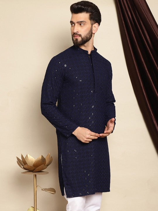 Navy Blue Ethnic Motifs Embroidered Sequinned Mandarin‑Collar Pure Cotton Kurta