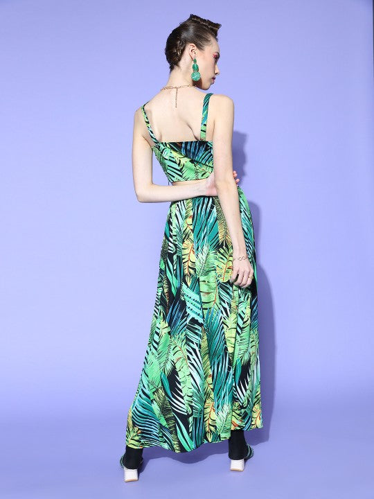 Women Green & Yellow Tropical Print Cami Top & A-Line Skirt