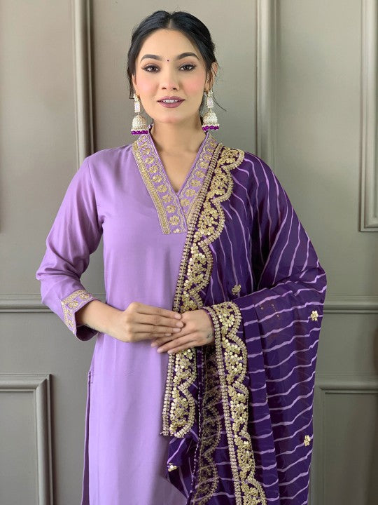 V-Neck Zari Mirror Work Kurta with Trousers & Dupatta