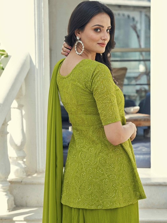 Floral Embroidered Regular Kurti with Palazzos & Dupatta