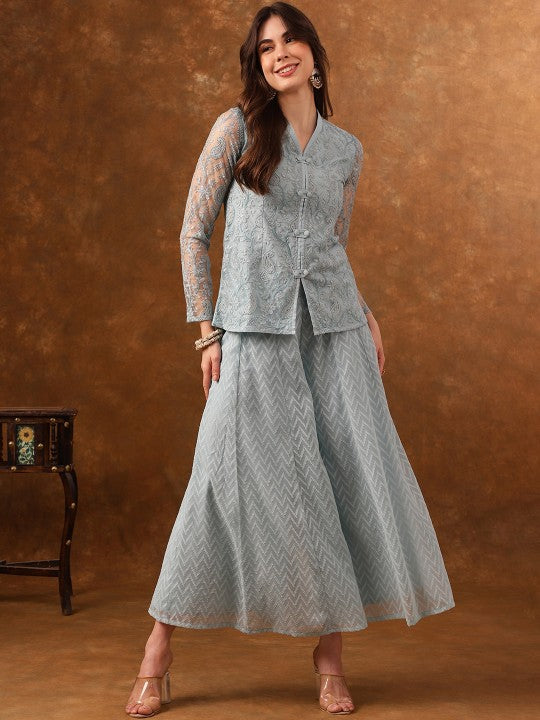 Embroidered Long Sleeves Shirt Top with Palazzo