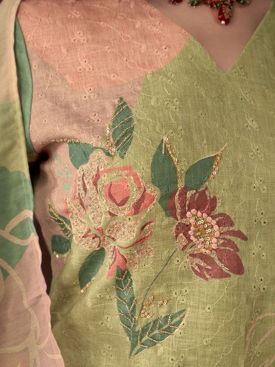 Green Floral Embroidered Beads & Stones Linen Kurta with Trousers & Dupatta