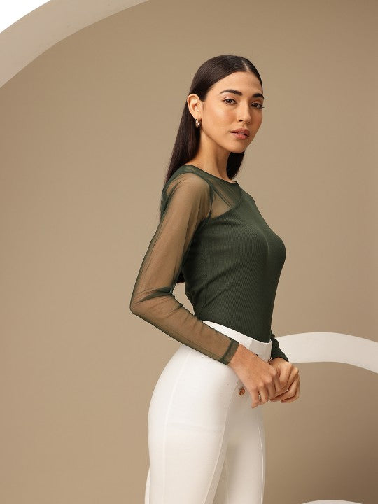 Contrast Net Sleeves Ribbed Top