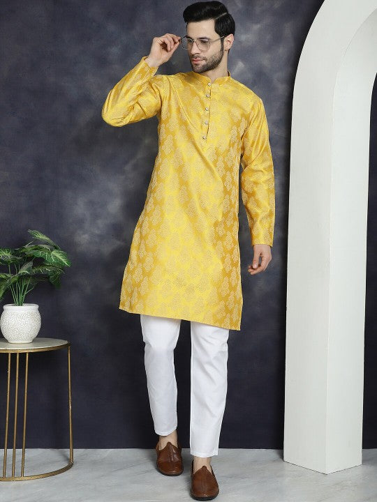Yellow Ethnic Motifs Woven Design Jacquard Straight Kurta