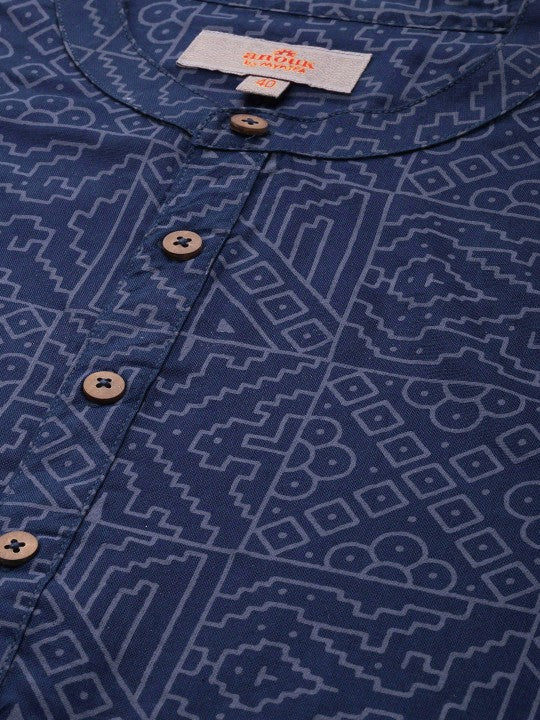 Men Geometric Printed Cotton Indigo Short Kurta