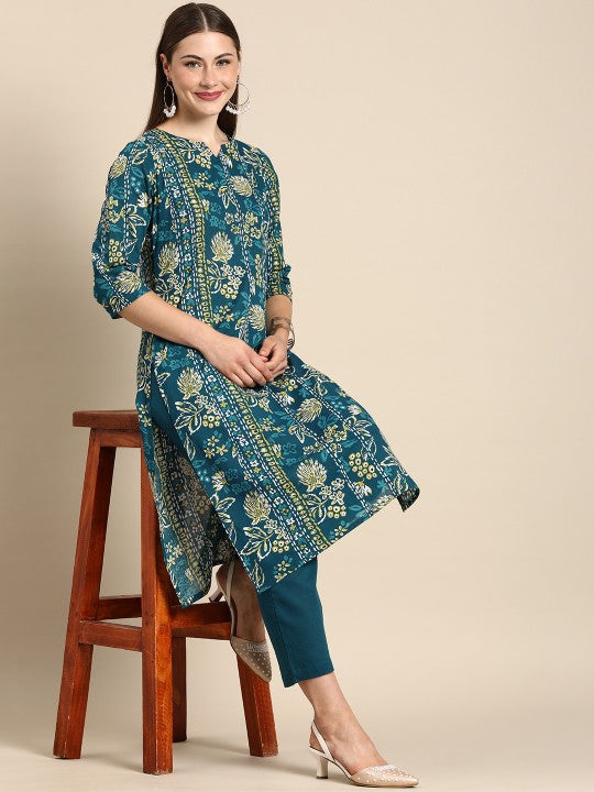 Women Floral Printed Pure Cotton Kurta with Trousers
