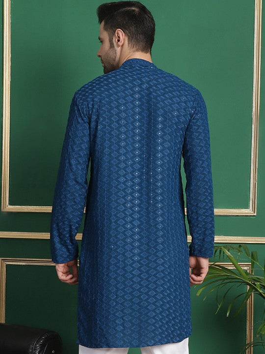 Checked Woven Design Mandarin Collar Long Sleeves Kurta
