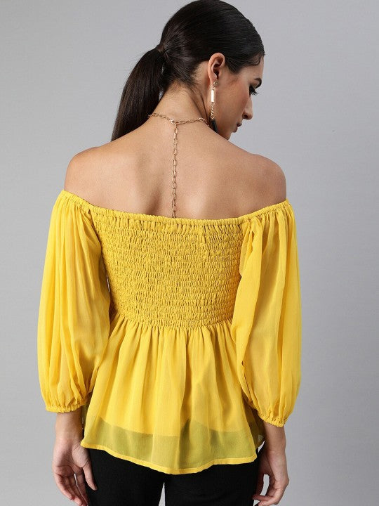 Off Shoulder Puff Sleeves Smocked Top