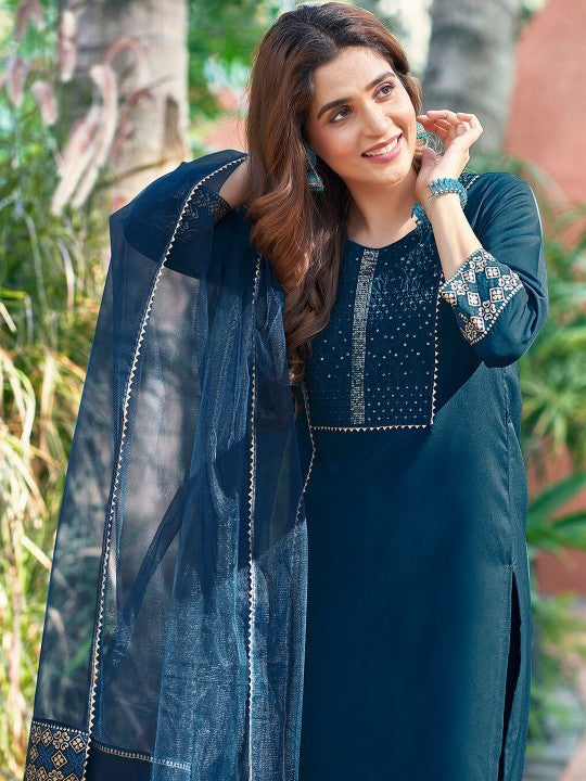 Yoke Design Sequinned Kurta with Trousers & Dupatta