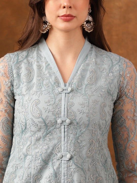 Embroidered Long Sleeves Shirt Top with Palazzo