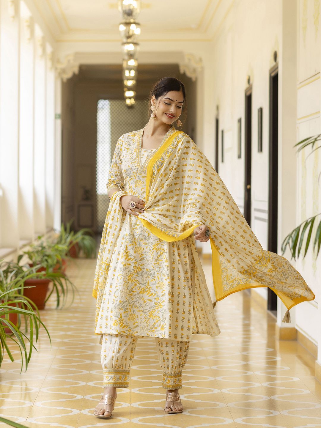 Floral Printed Sequined Mirror Work A‑Line Pure Cotton Kurta with Patiala & Dupatta
