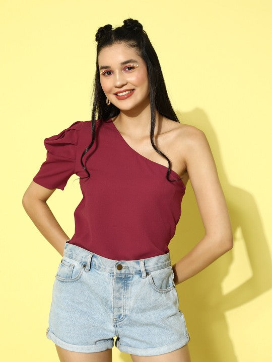 Berrylush Red One Shoulder Puff Sleeve Top