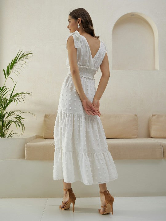 Berrylush White Self Design V-Neck Smocked Maxi Dress