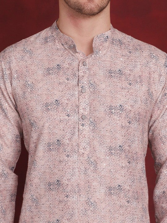 Peach Floral Woven Design Cotton Thread‑Work Straight Kurta