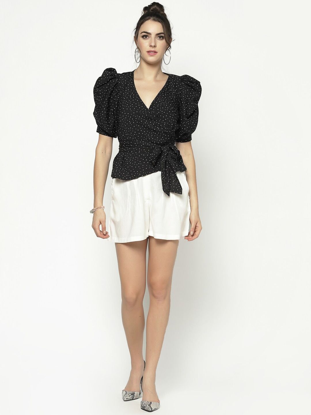 Sera Black & Off White Printed Puff Sleeves Crepe Wrap Top