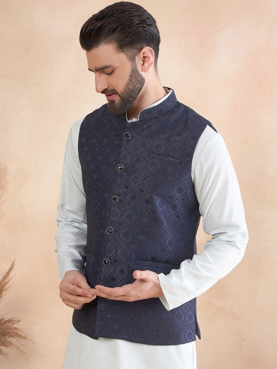 Jacquard Woven Design Nehru Jacket with Zari Work