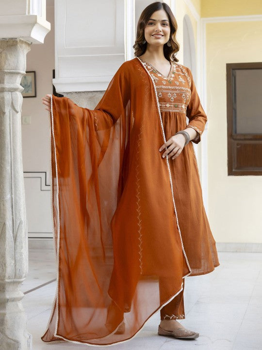 Women Ethnic Motifs Embroidered Aari Work Cotton Kurta with Trousers & Dupatta