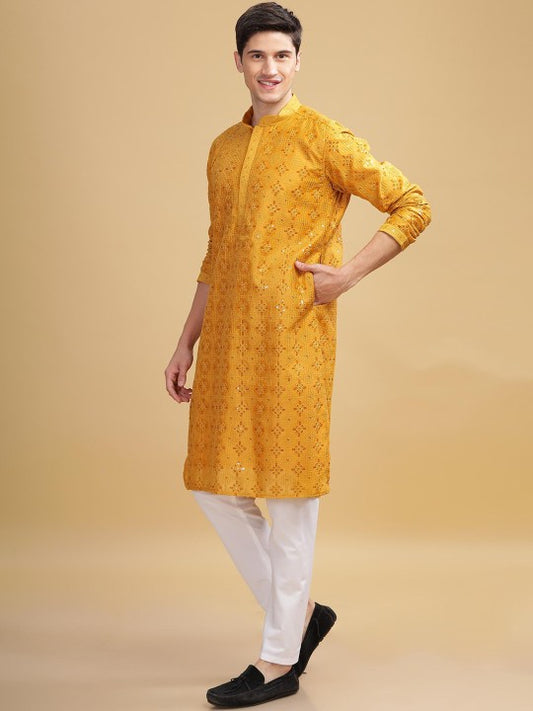 Yellow Ethnic Embroidered Mandarin‑Collar Sequinned Lucknowi Cotton Straight Kurta