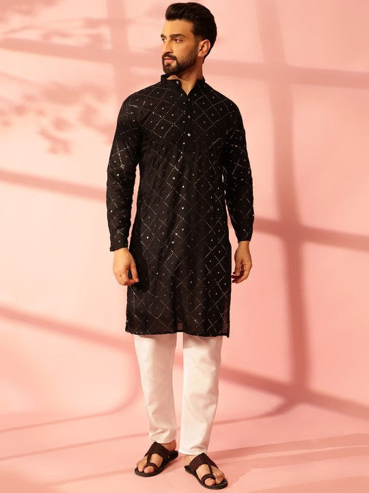 Men Embroidered Regular Mirror Work Pure Cotton Kurta with Pyjamas