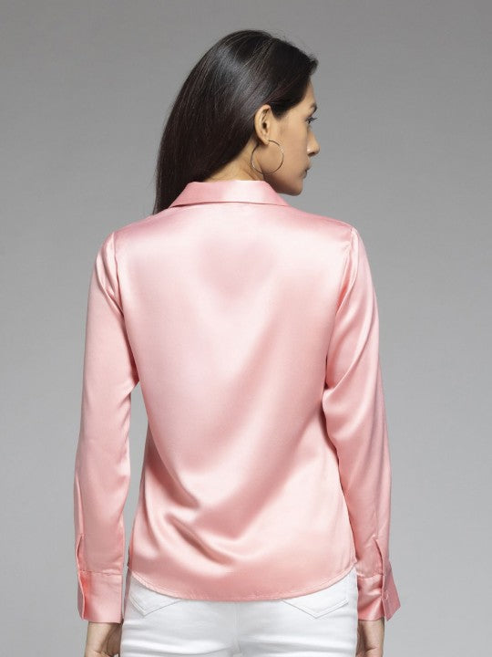 Women Smart Spread Collar Solid Satin Relaxed Fit Casual Shirt