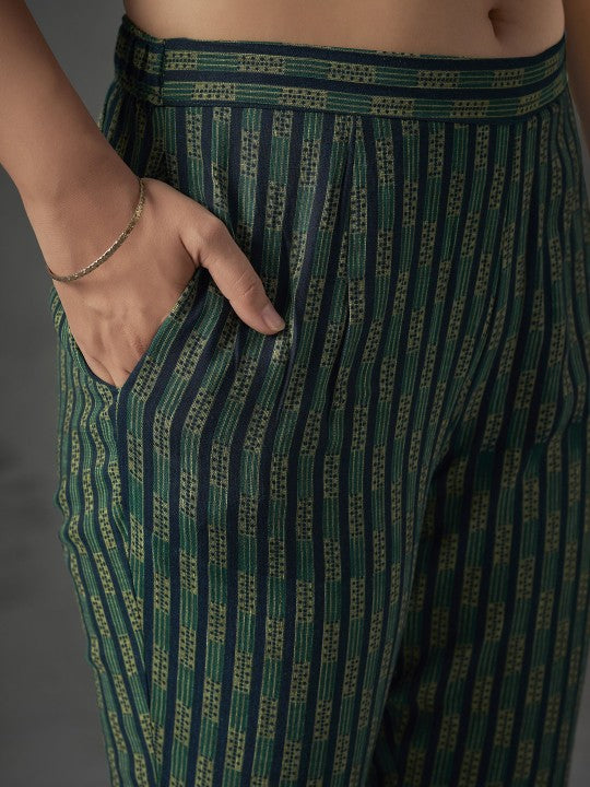 Blue Floral Printed Halter Neck Straight Kurta with Trousers & Dupatta