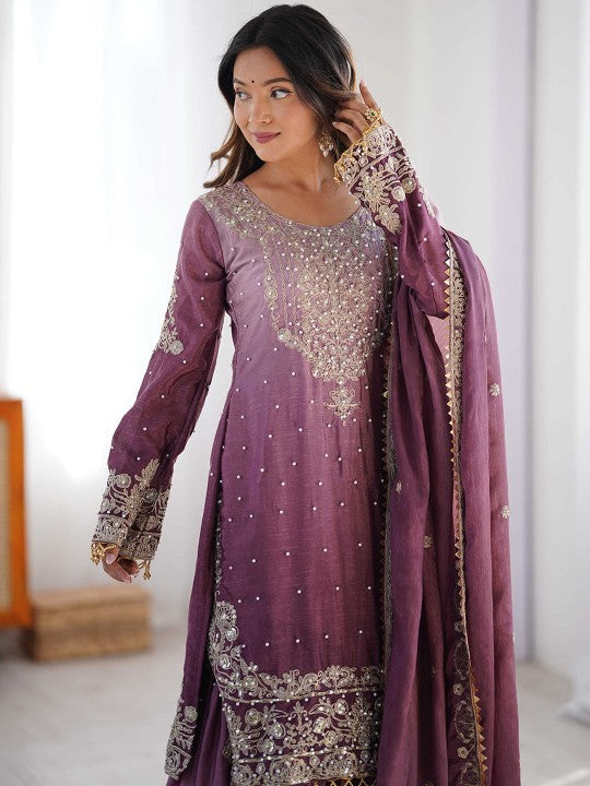 Floral Embroidered Straight Kurta with Sharara & Dupatta