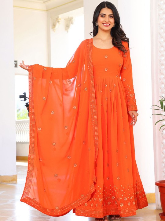 Embroidered Sequinned Round Neck Anarkali Kurta with Pyjamas & Dupatta