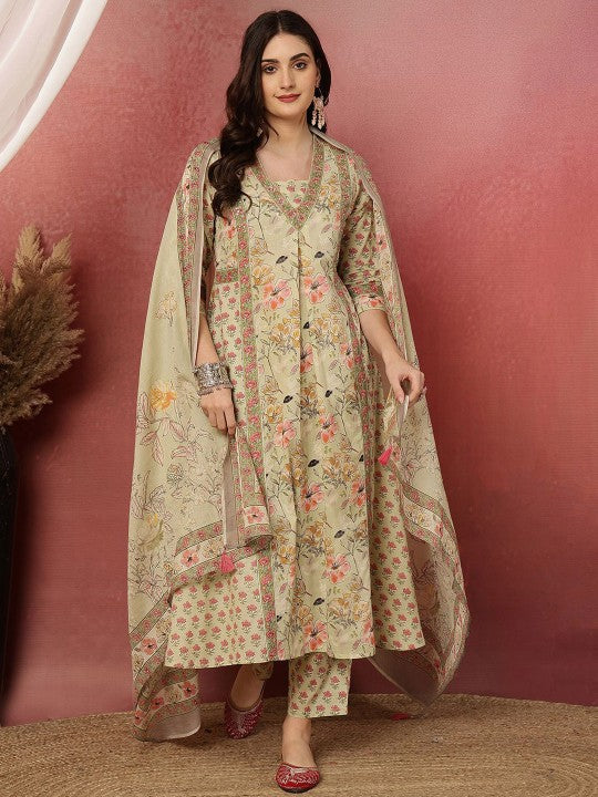 Women Floral Printed Regular Pure Cotton Kurta with Trousers & Dupatta