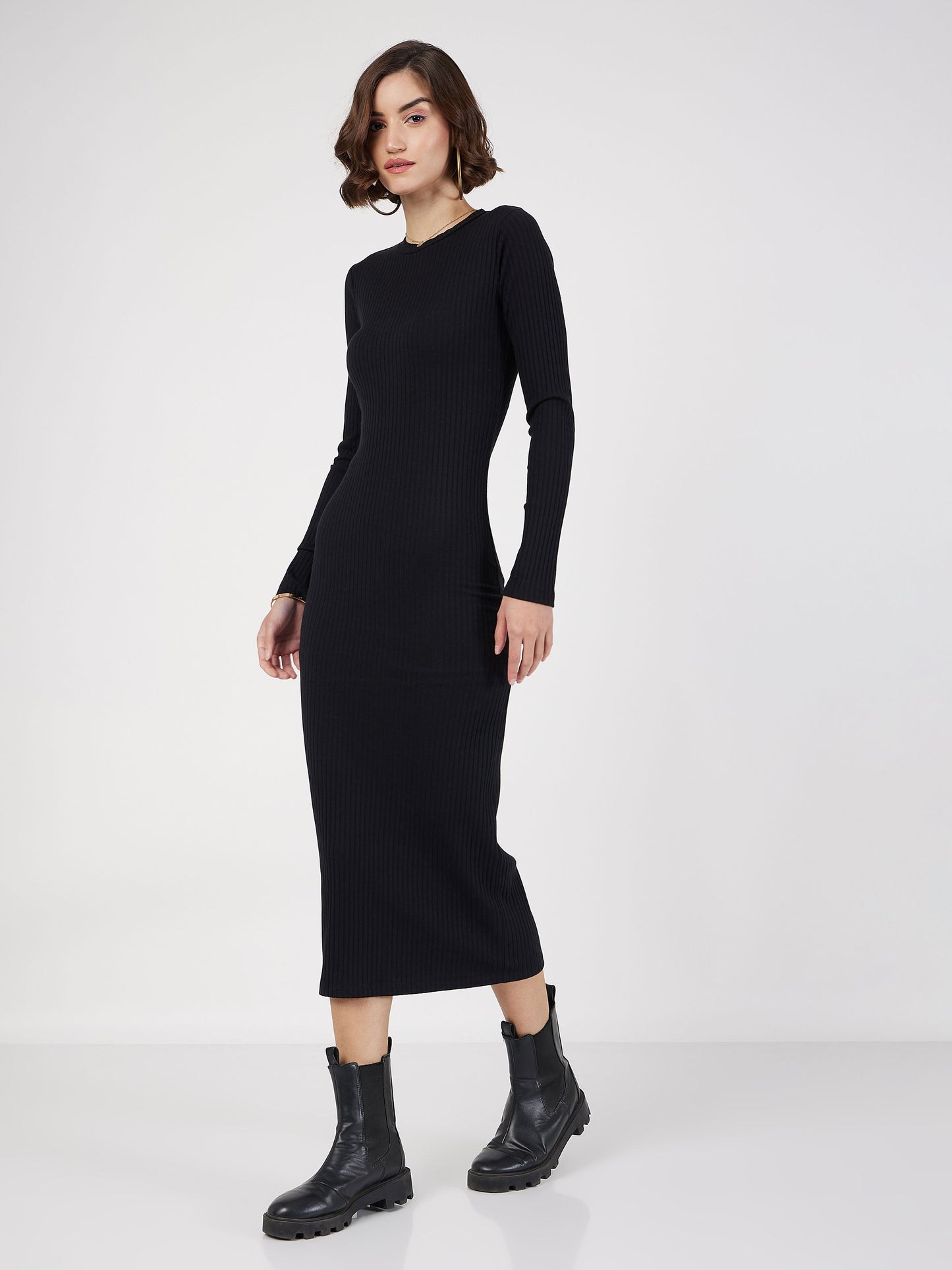 Black Rib Bodycon Midi Dress-SASSAFRAS