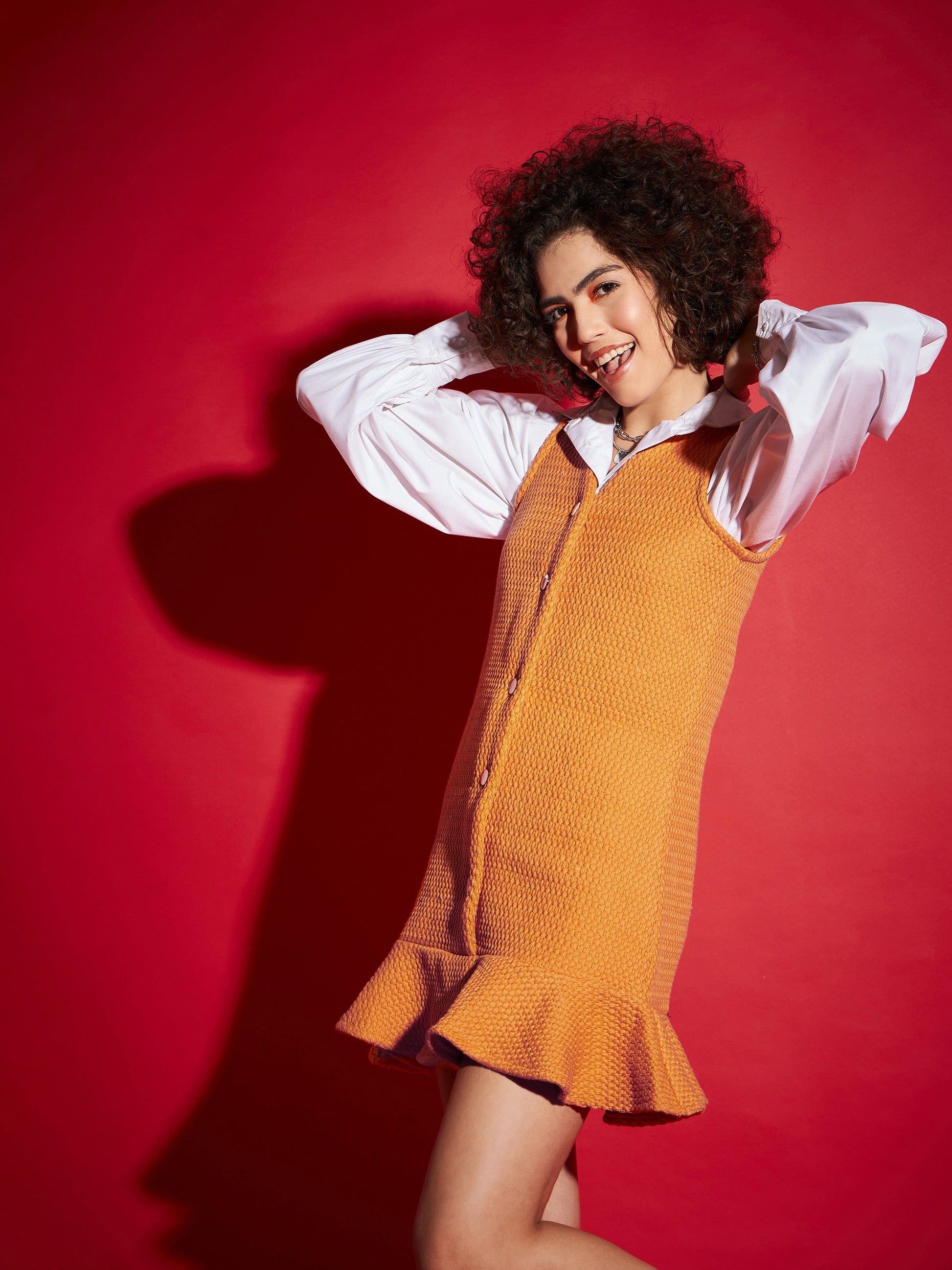 Orange Tweed Front Button Frill Hem Dress-SASSAFRAS