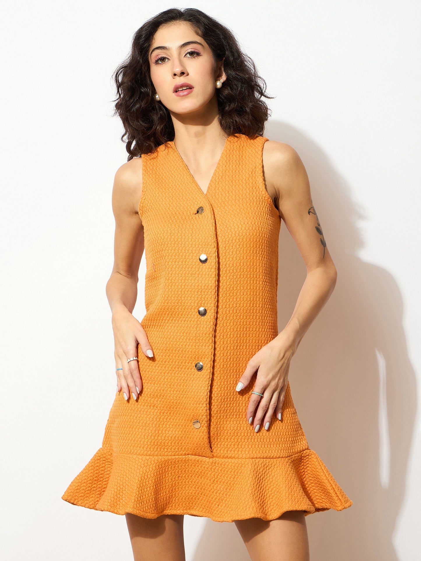 Orange Tweed Front Button Frill Hem Dress-SASSAFRAS