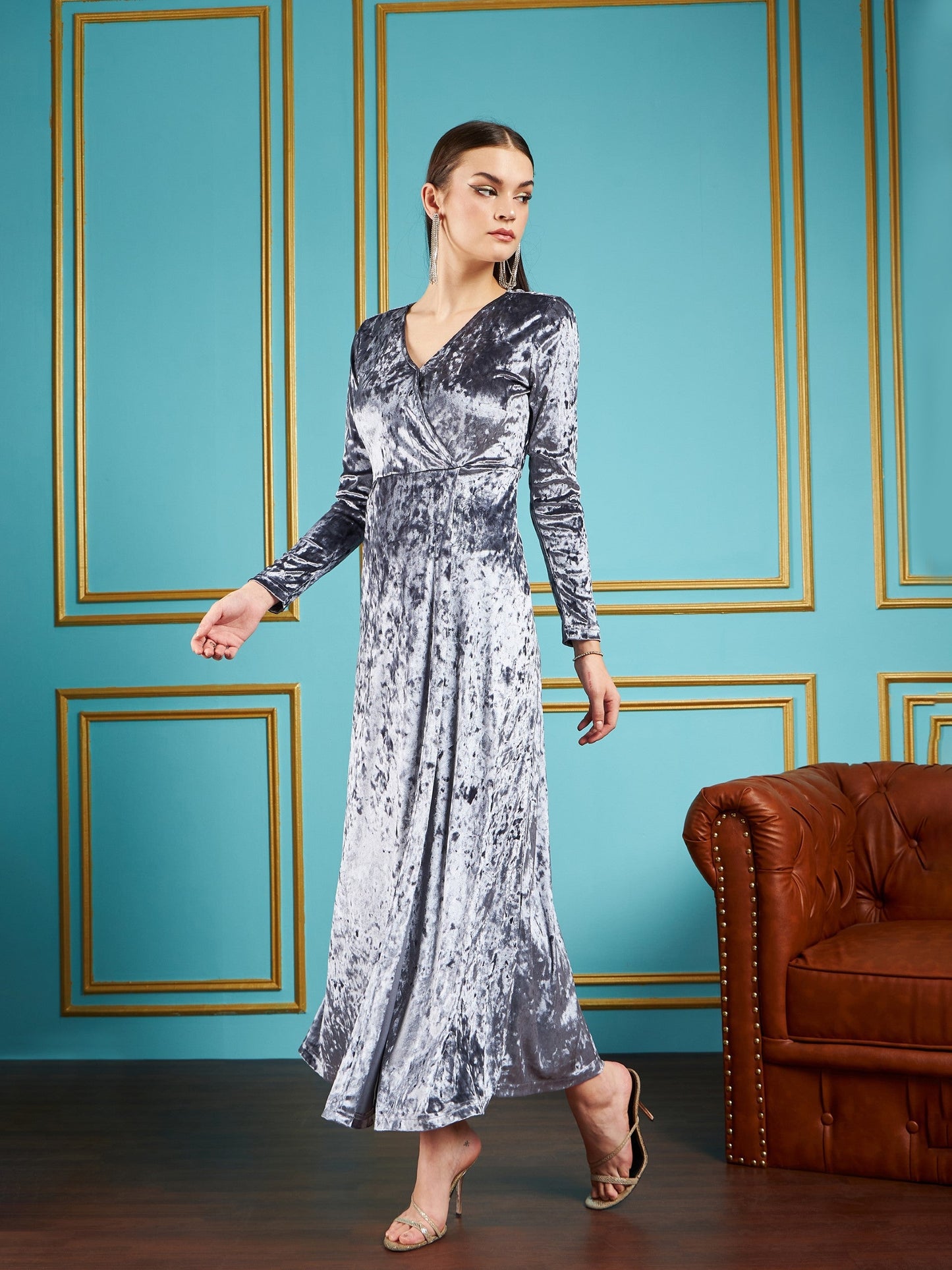 Grey Velvet Front Slit Maxi Dress-SASSAFRAS