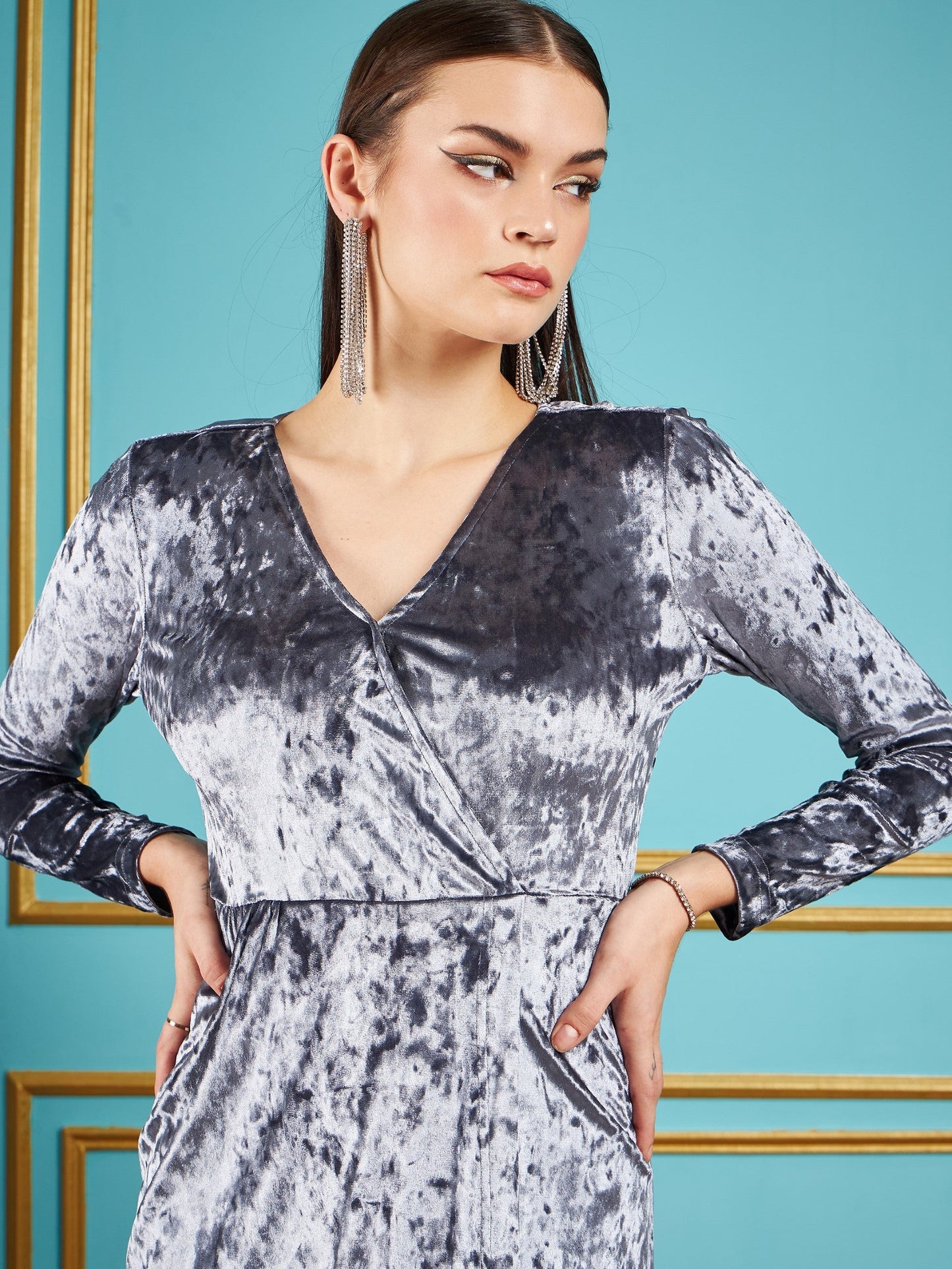 Grey Velvet Front Slit Maxi Dress-SASSAFRAS