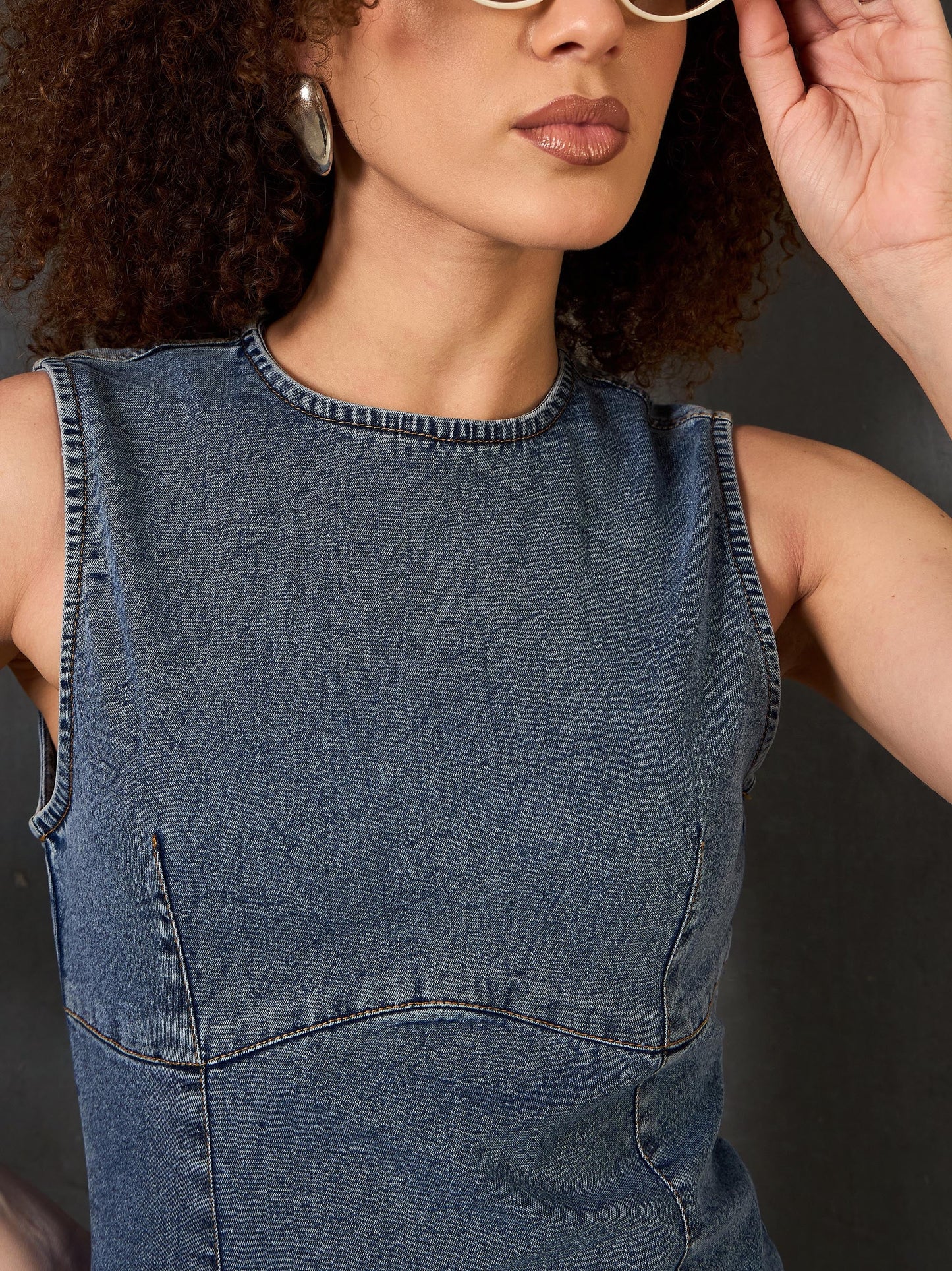 Women Blue Blast Denim Sleeveless Short Dress
