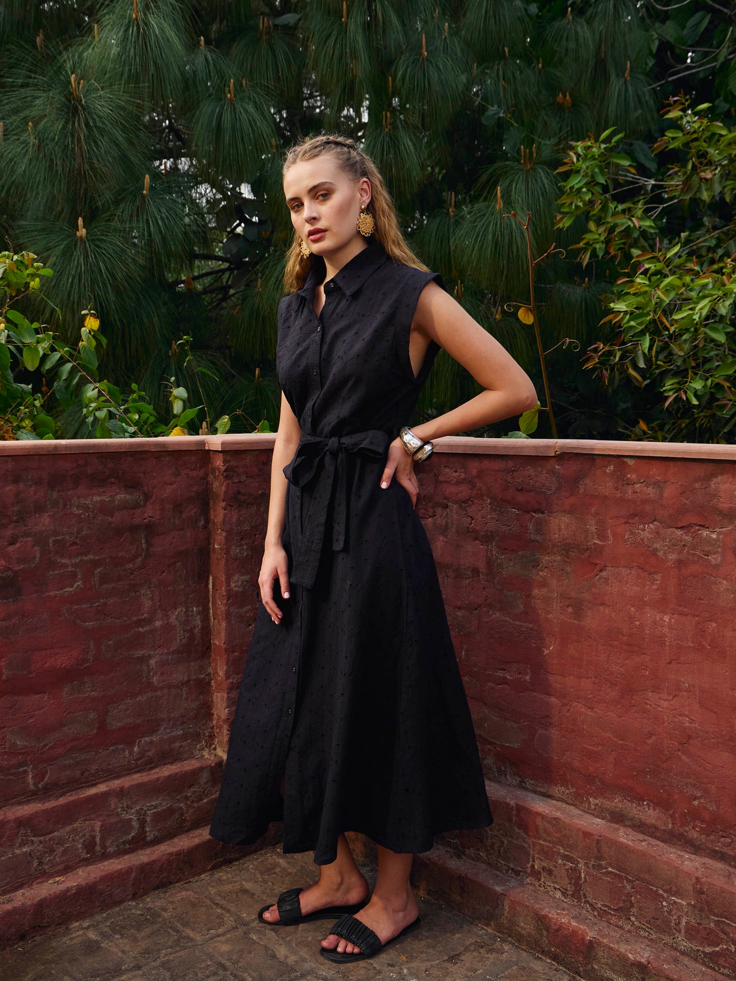 Women Black Schiffli Button Down Midi Dress