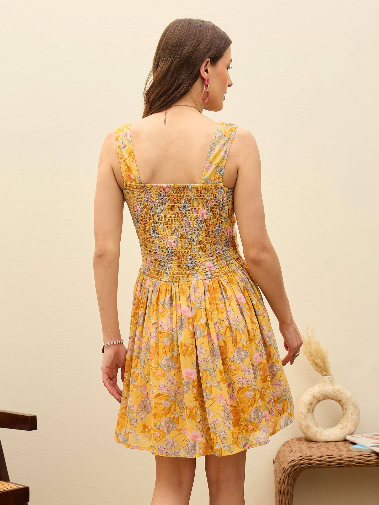 Women Yellow Floral Square Neck Short Dress