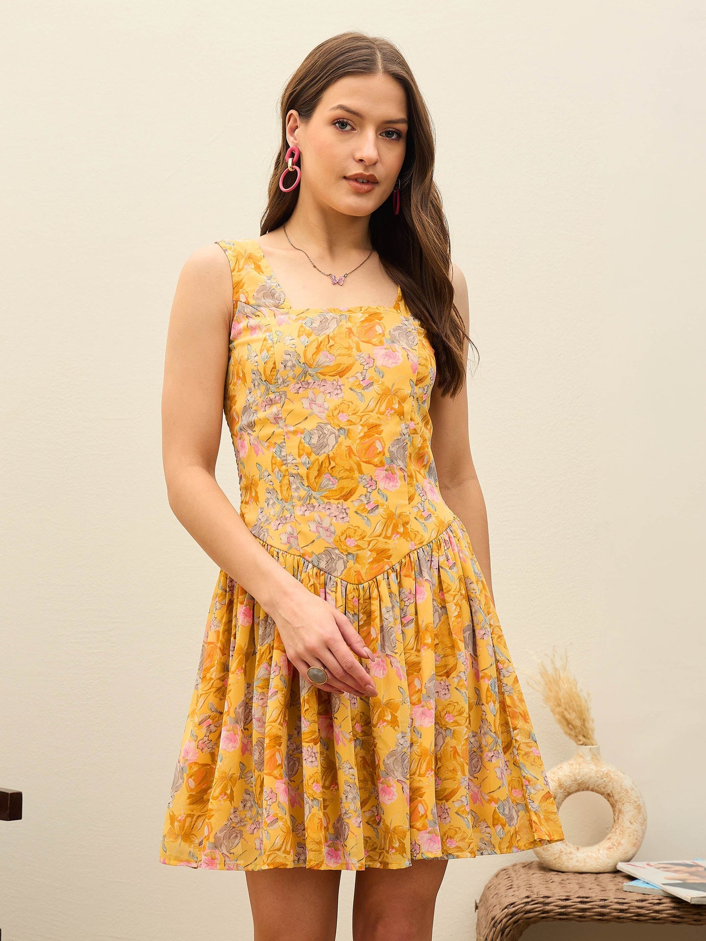 Women Yellow Floral Square Neck Short Dress