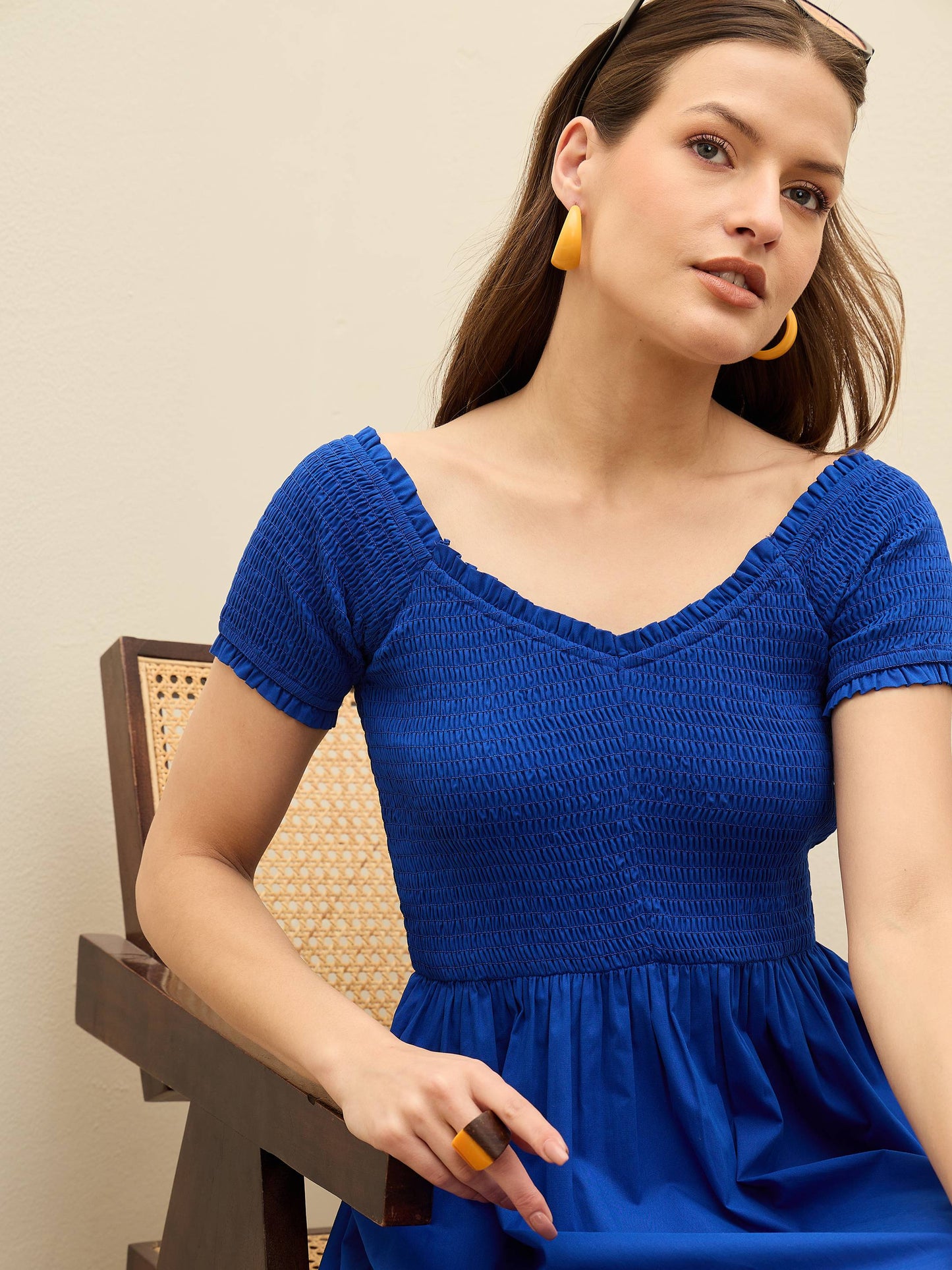 Women Blue Poplin Smocked Midi Dress