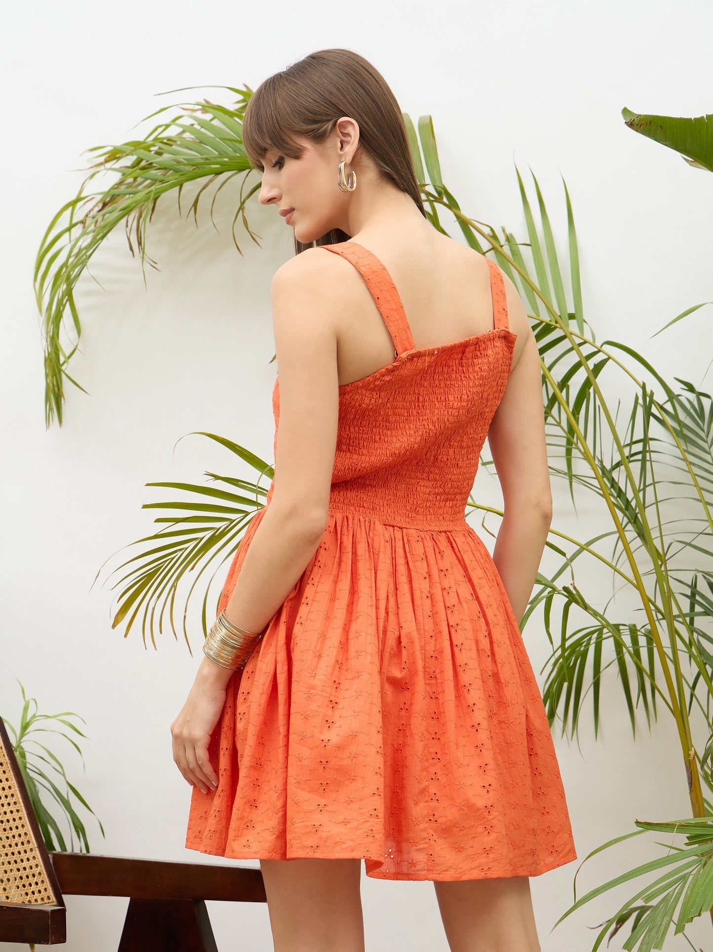 Women Orange Square Neck Strappy Short Dress